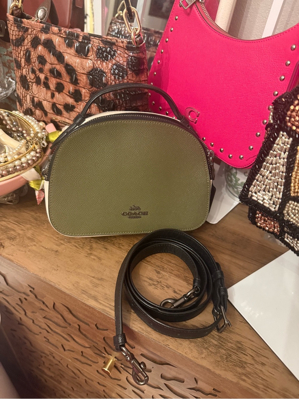 Coach Olive Green Mini Dome Leather Crossbody with Black Trim
